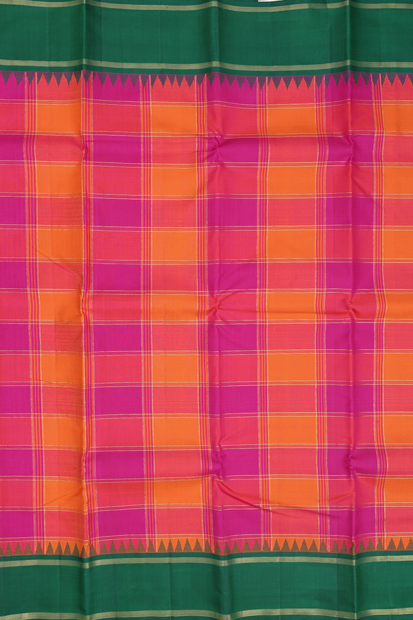 Kanchipuram Silk Saree Orange And Magenta With Checks Design