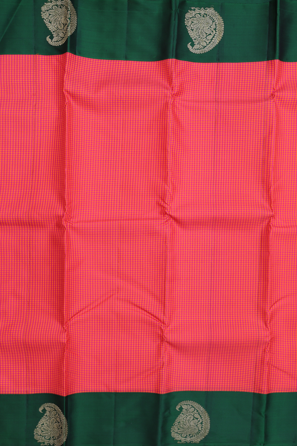 Kanchipuram Silk Saree Orange And Magenta With Checks Design
