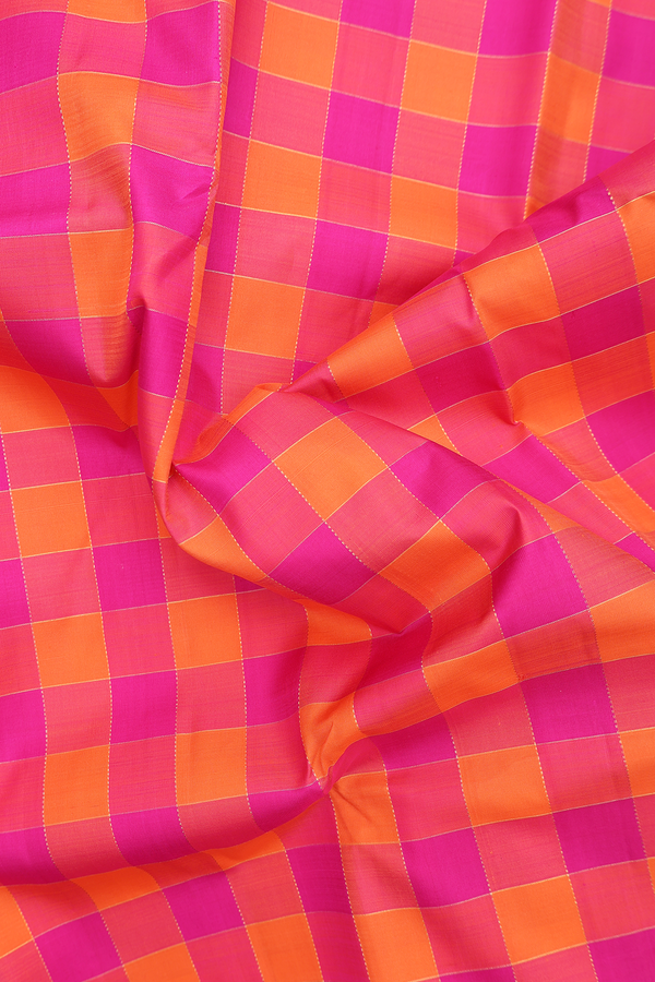 Kanchipuram Silk Saree Orange And Magenta With Checks Design