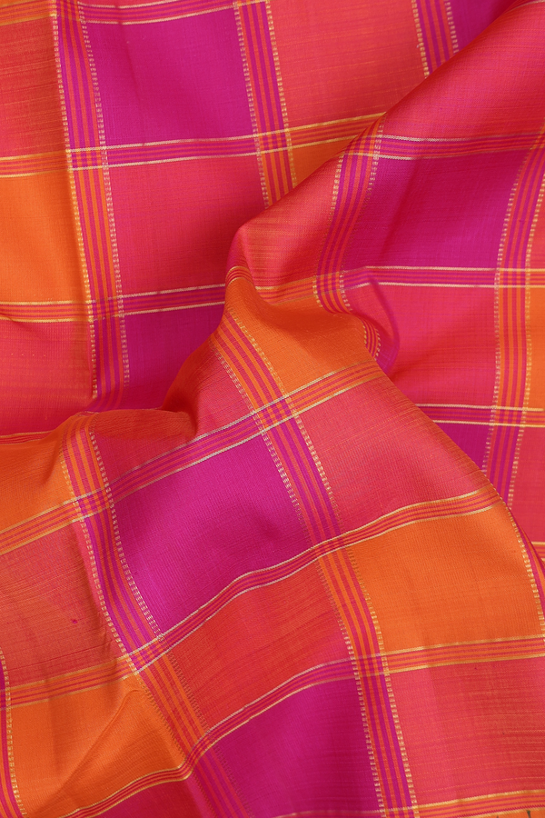 Kanchipuram Silk Saree Orange And Magenta With Checks Design