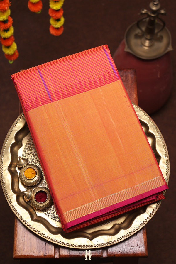 Kanchipuram Silk Saree Orange And Magenta With Checks Design