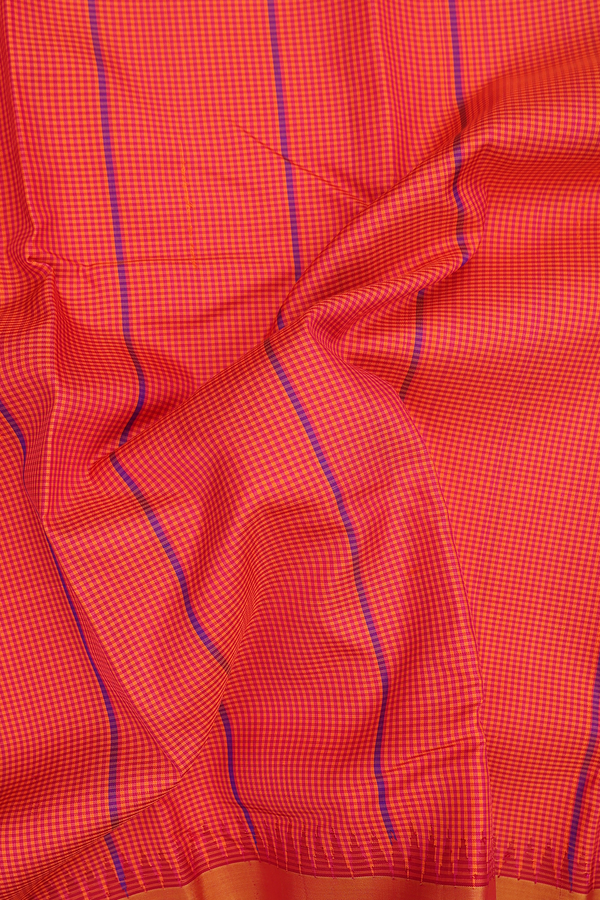 Kanchipuram Silk Saree Orange And Magenta With Checks Design