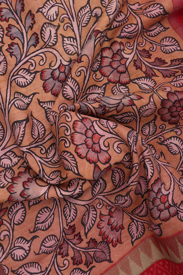 Kanchipuram Silk Saree Orange With Floral Hand Painted Design