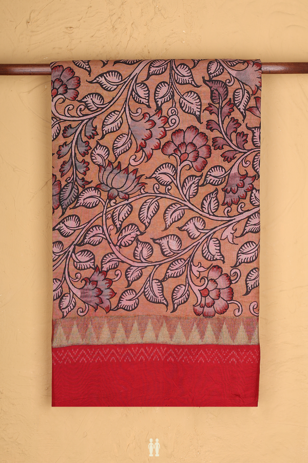 Kanchipuram Silk Saree Orange With Floral Hand Painted Design