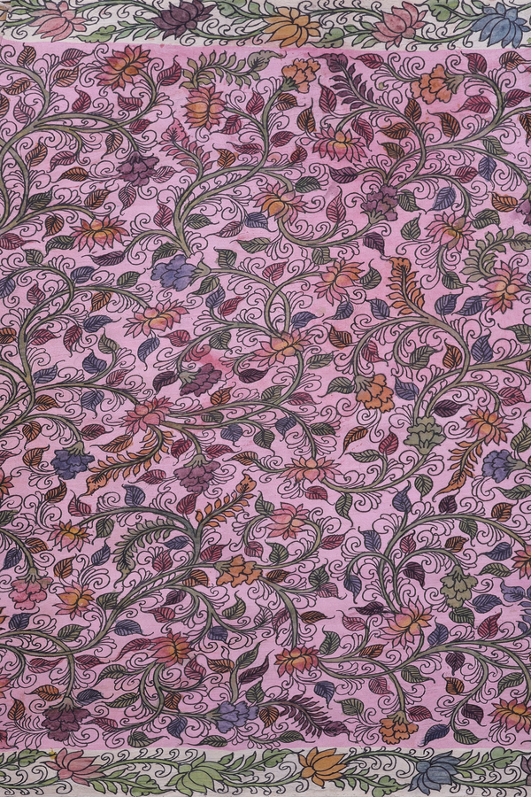 Kanchipuram Silk Saree Pink With Floral Hand Painted Design