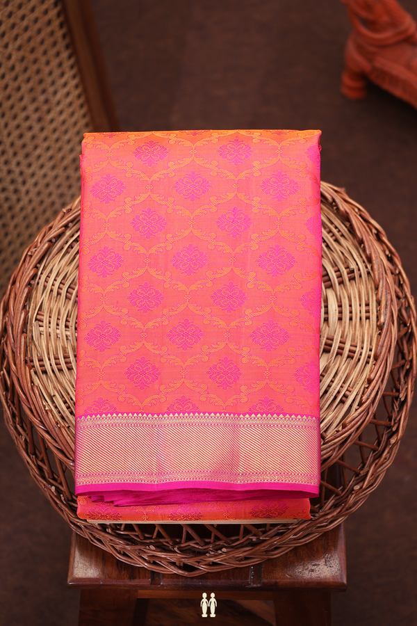 Kanchipuram Silk Saree In Coral Pink With Jacquard Pattern