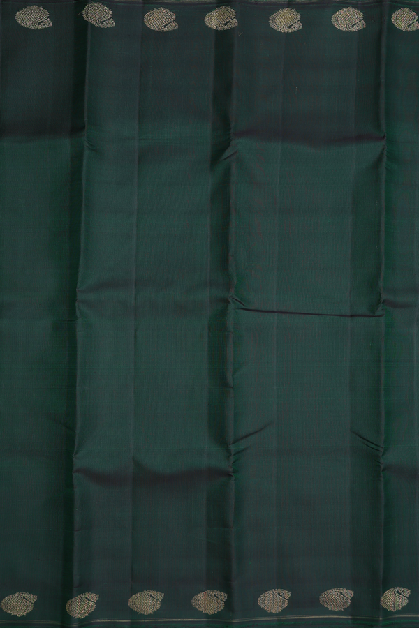Kanchipuram Silk Saree Plain Dark Green With Paisley Border