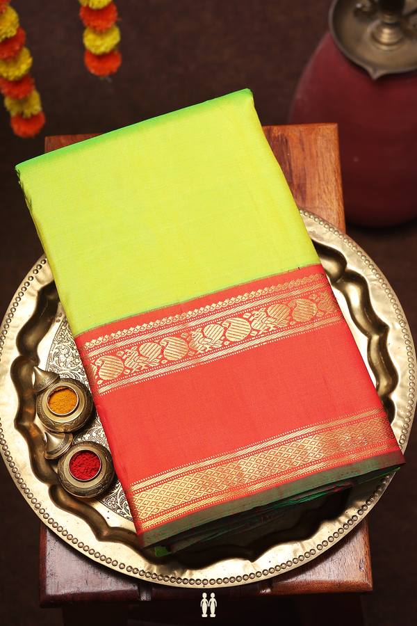 Kanchipuram Silk Saree Plain Lime Green With Contrast Border