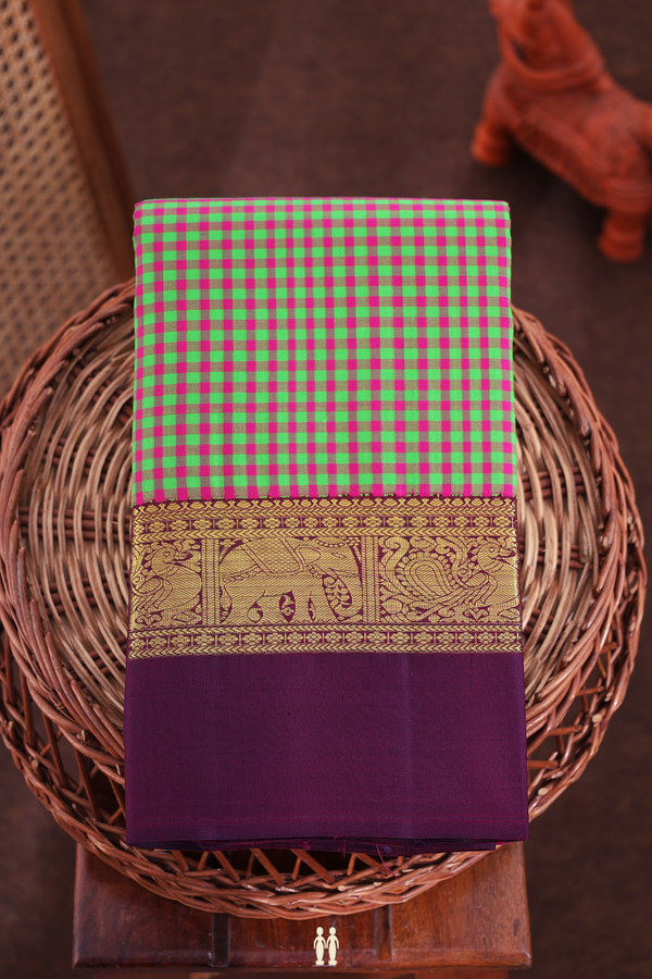 Kanchipuram Silk Saree Purple And Green With Checks Design
