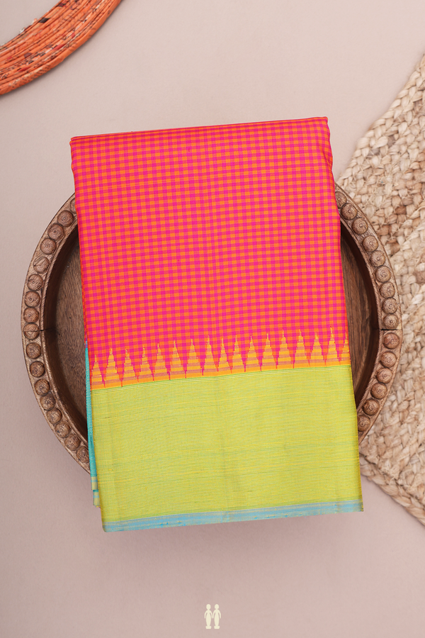 Kanchipuram Silk Saree Purple And Orange With Checks Design