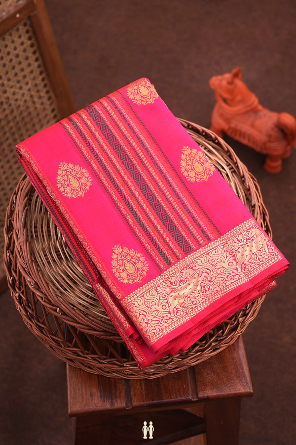 Kanchipuram Silk Saree Rani Pink Along Stripes With Buttas