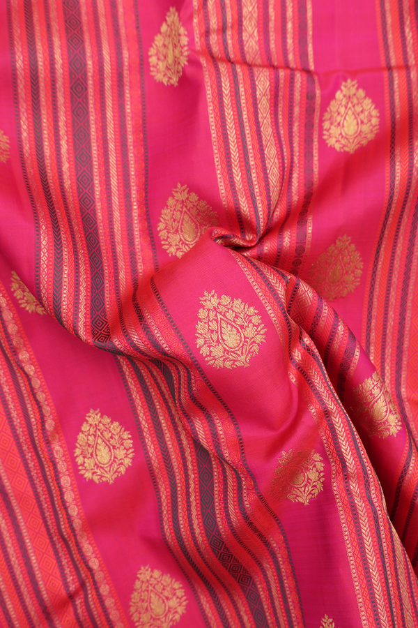 Kanchipuram Silk Saree Rani Pink Along Stripes With Buttas