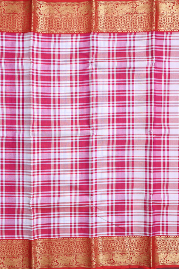 Kanchipuram Silk Saree Rose Red And White With Checks Design