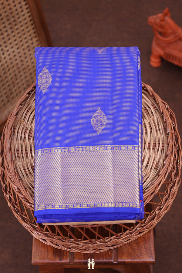 Kanchipuram Silk Saree Royal Blue With Stripes Along Buttas