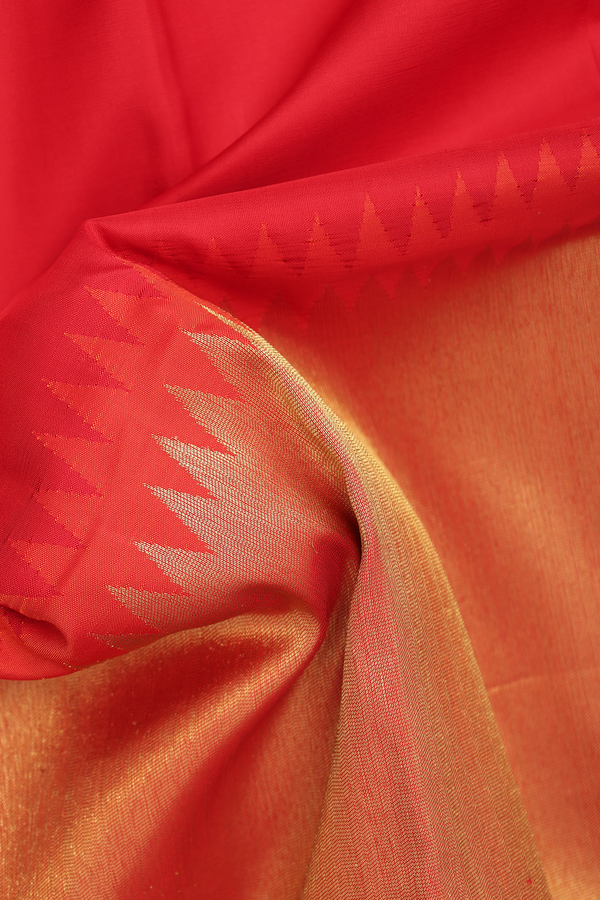 Kanchipuram Silk Saree Scarlet Red With Half And Half Design