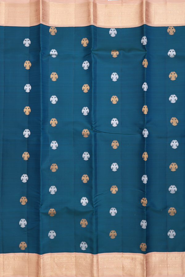 Kanchipuram Silk Saree Teal Blue With Iruthalai Pakshi Buttas