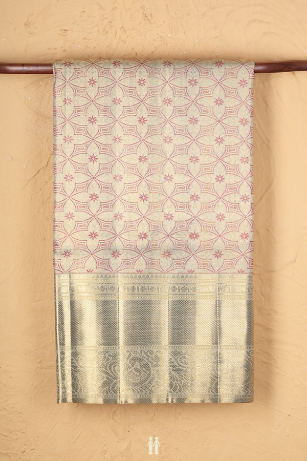 Kanchipuram Silk Saree Tissue Green Beige With Allover Design