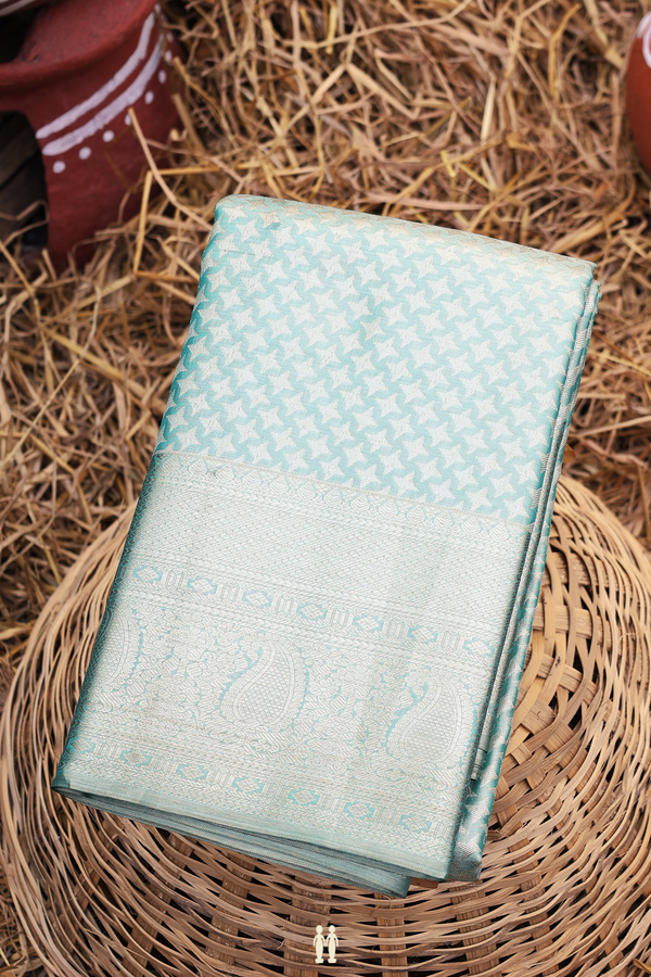 Kanchipuram Silk Saree Tissue Turkish Blue With Zari Buttas