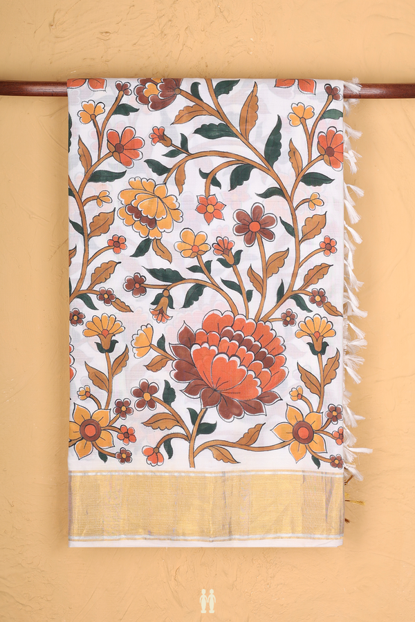 Kanchipuram Silk Saree White With Floral Hand Painted Design