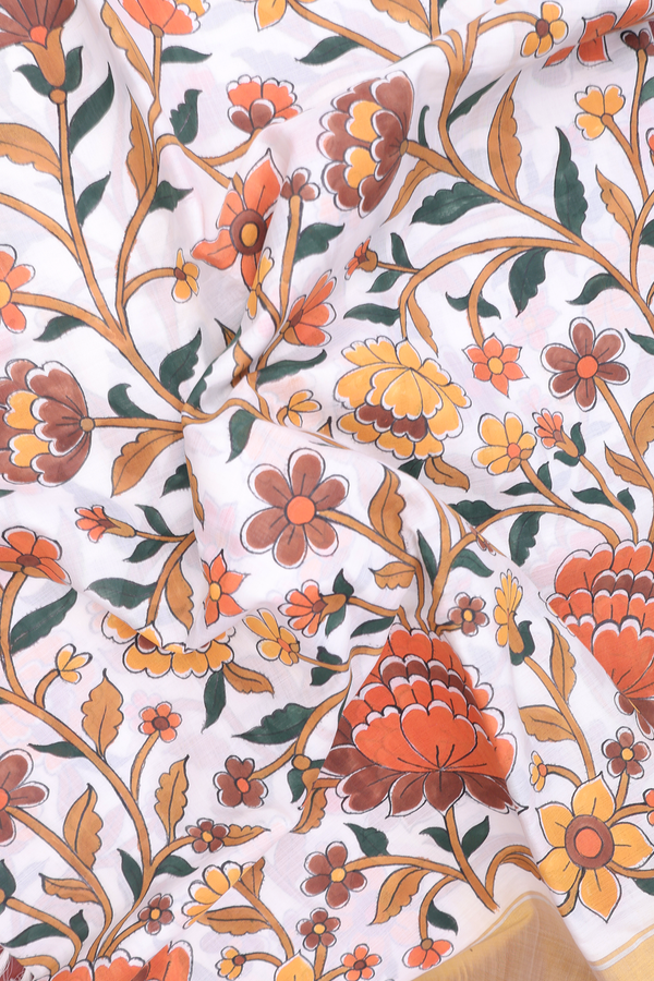 Kanchipuram Silk Saree White With Floral Hand Painted Design