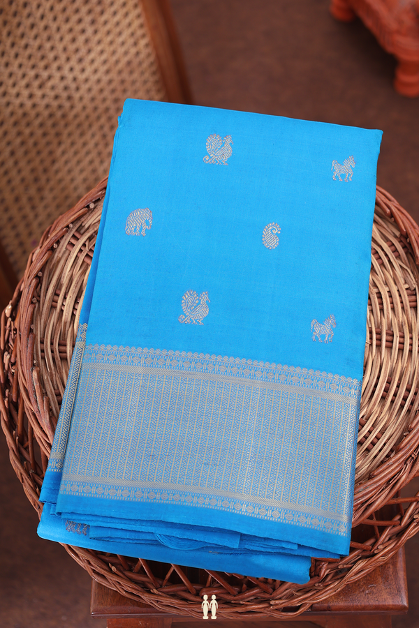 Kanchipuram Silk Saree With Deep Sky Blue With Peacock Buttas