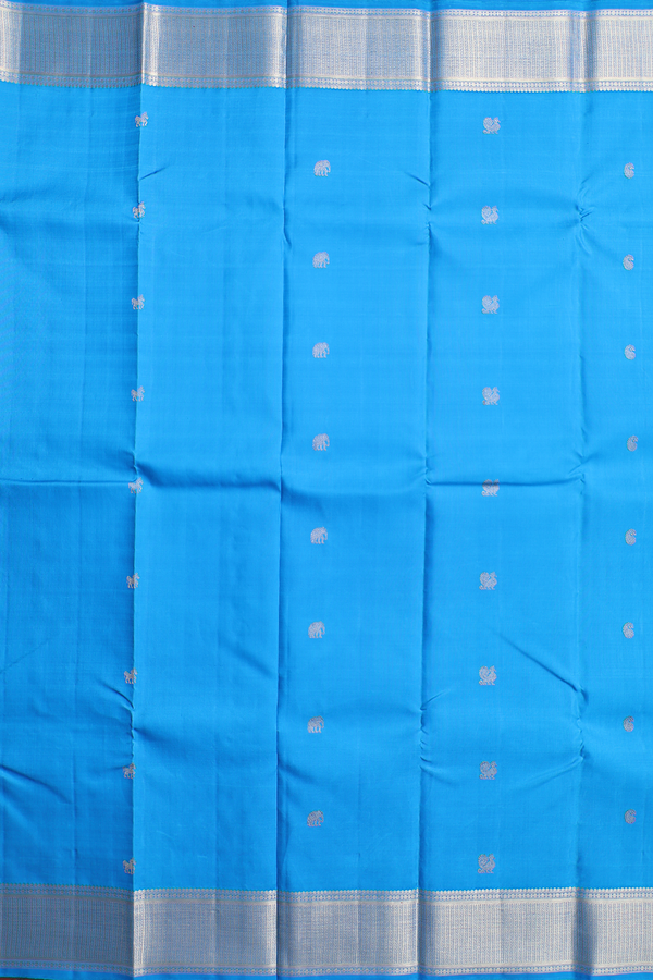 Kanchipuram Silk Saree With Deep Sky Blue With Peacock Buttas