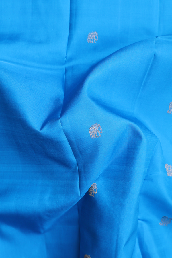Kanchipuram Silk Saree With Deep Sky Blue With Peacock Buttas