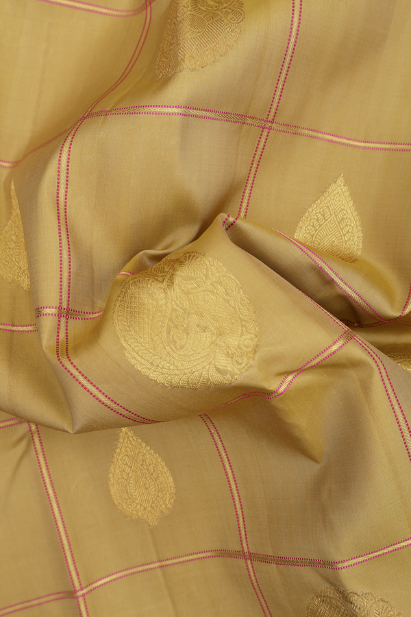 Kanchipuram Silk Saree With Golden Yellow With Checks Design