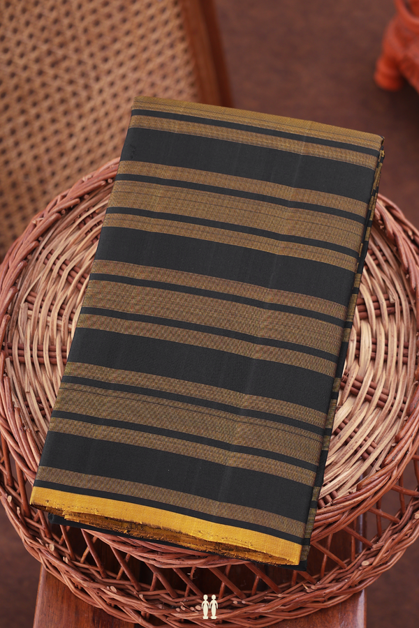 Kanchipuram Silk Saree Yellow And Black With Stripes Design