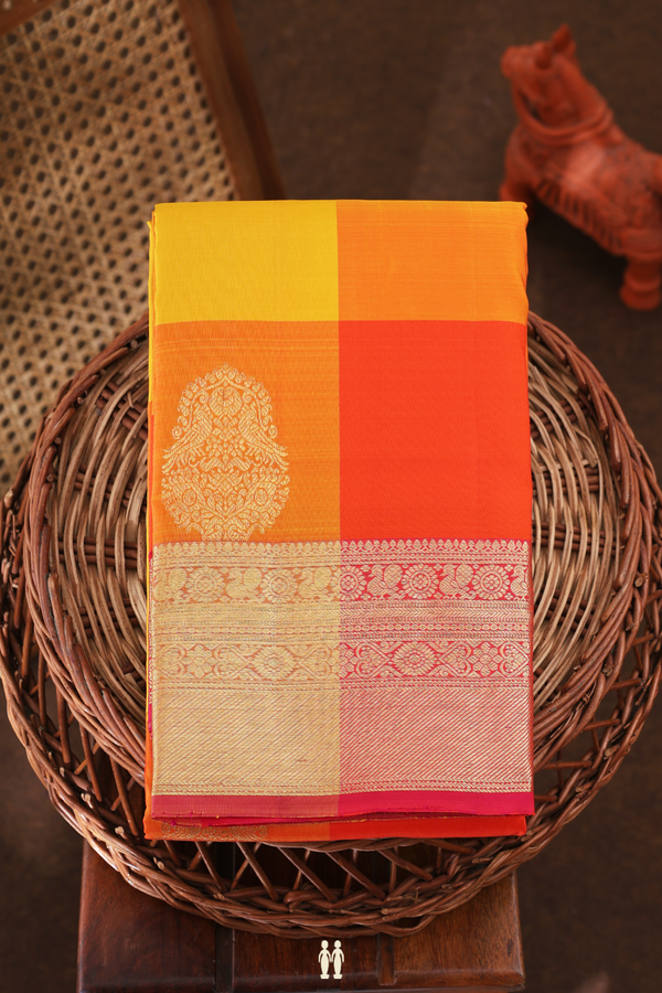 Kanchipuram Silk Saree Yellow And Orange With Checks Design