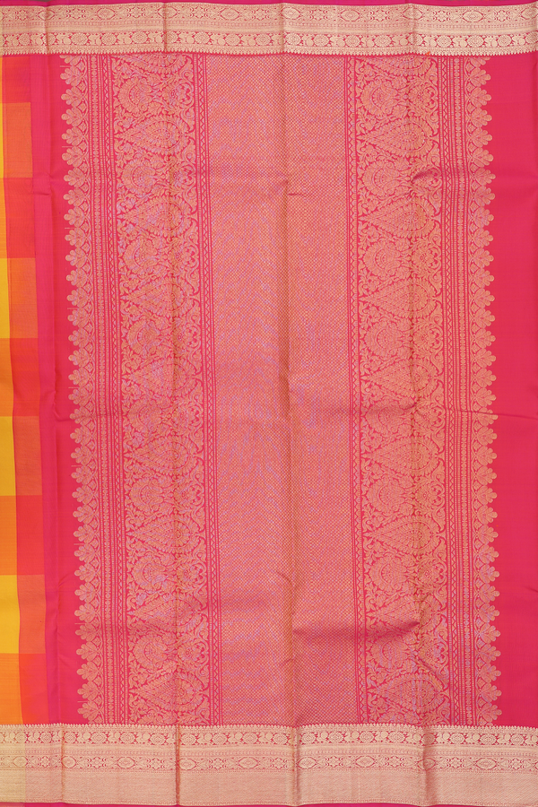 Kanchipuram Silk Saree Yellow And Orange With Checks Design