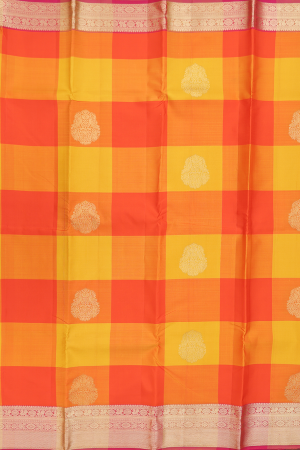 Kanchipuram Silk Saree Yellow And Orange With Checks Design
