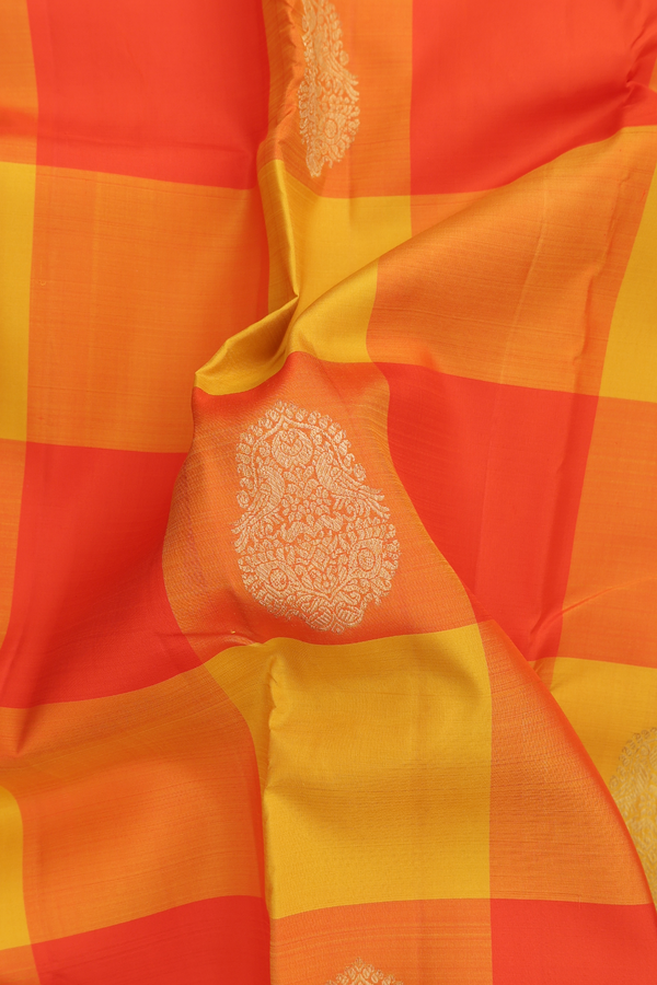 Kanchipuram Silk Saree Yellow And Orange With Checks Design