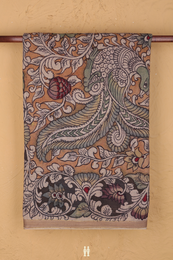 Kanchipuram Silk Saree Yellow With Floral Hand Painted Design