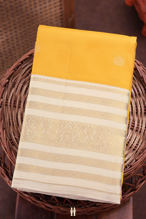 Kanchipuram Silk Saree Yellow With Peacock And Floral Buttas