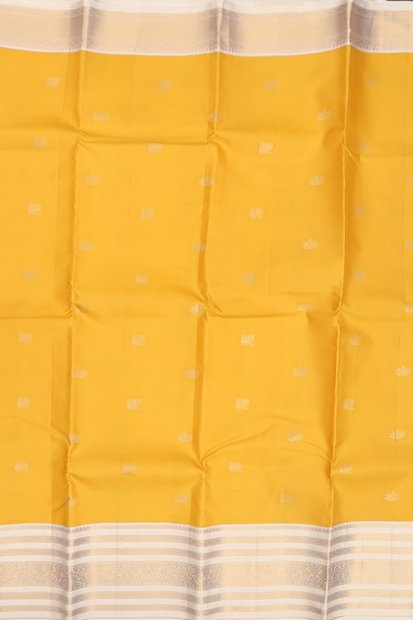Kanchipuram Silk Saree Yellow With Peacock And Floral Buttas