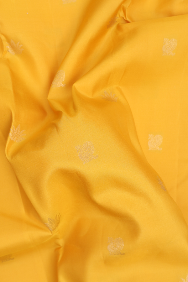 Kanchipuram Silk Saree Yellow With Peacock And Floral Buttas