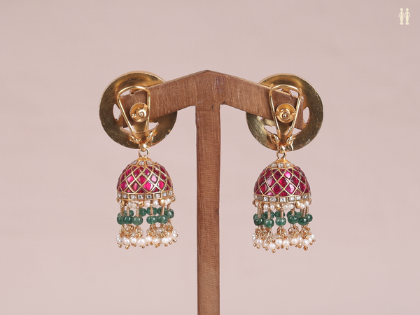 Kundan Stone With Beads Gold Plated Pure Silver Jhumkas