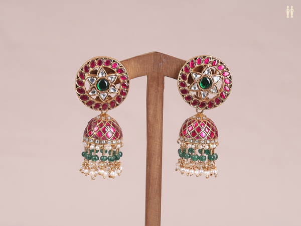 Kundan Stone With Beads Gold Plated Pure Silver Jhumkas
