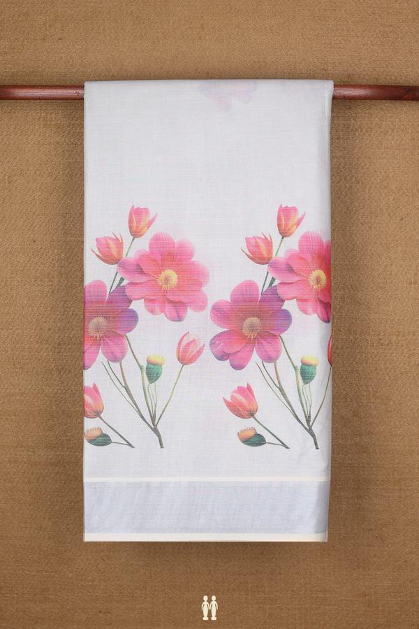 Kerala Cotton Saree In Egg White With Floral Printed Design