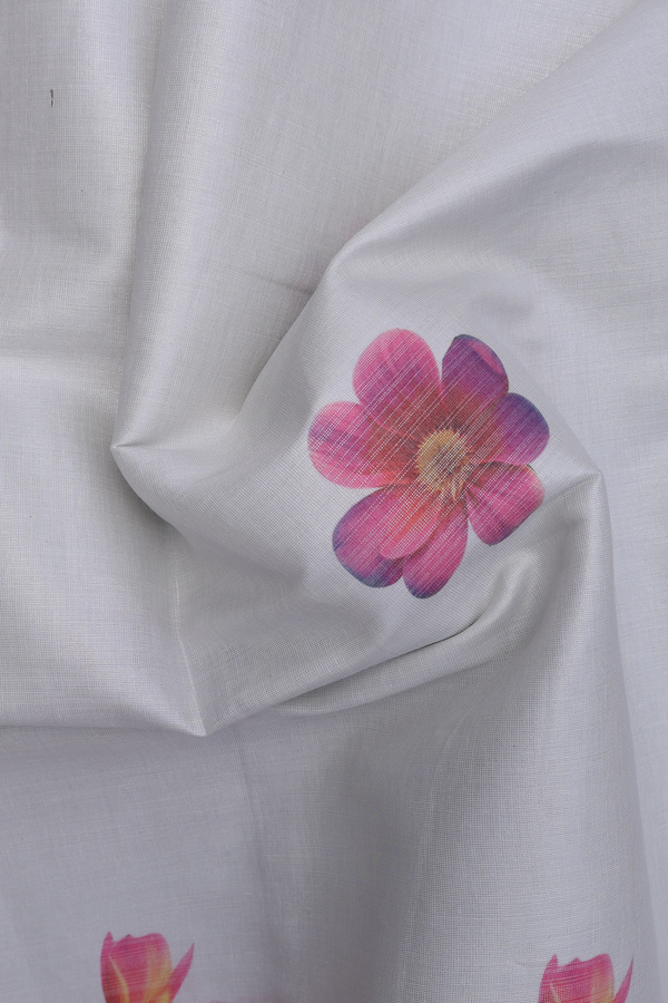 Kerala Cotton Saree In Egg White With Floral Printed Design