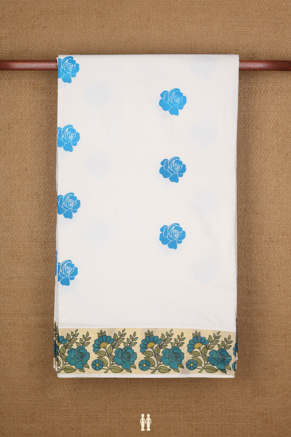 Kerala Cotton Saree In Egg White With Rose Printed Design