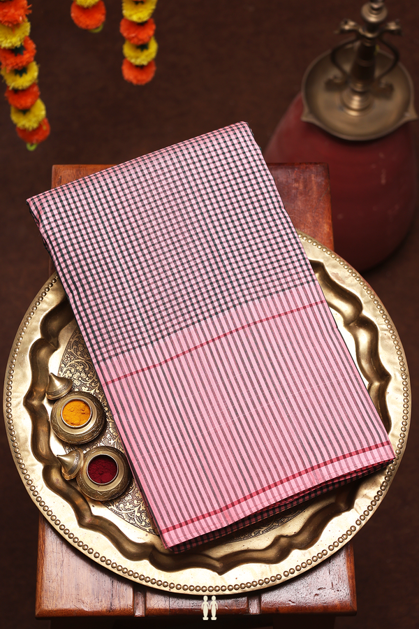 Koorainadu Silk Cotton Saree Black And Pink With Checks Design