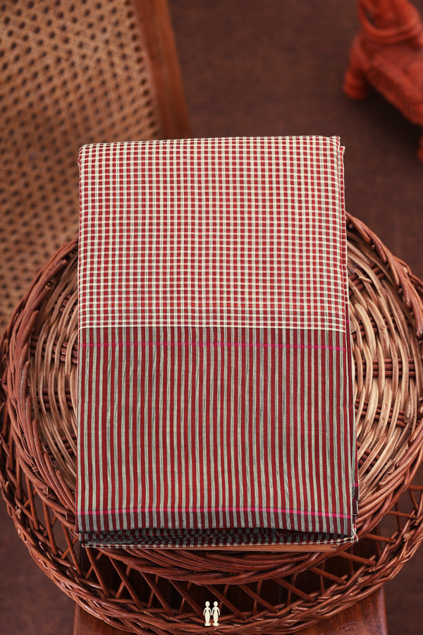 Koorainadu Silk Cotton Saree In Beige And Brown With Checks