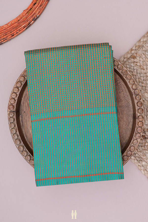 Koorainadu Silk Cotton Saree In Green And Orange With Checks