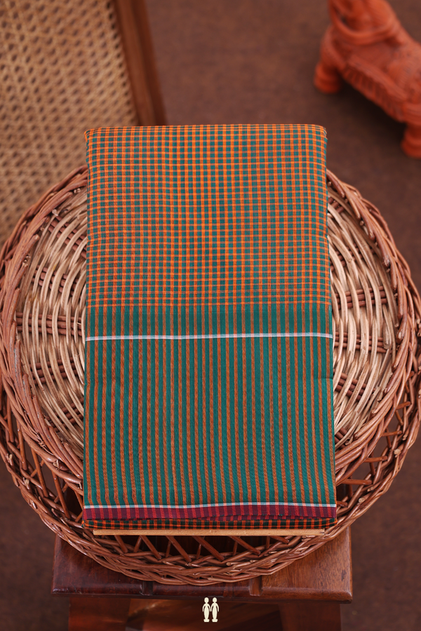 Koorainadu Silk Cotton Saree In Green And Orange With Checks