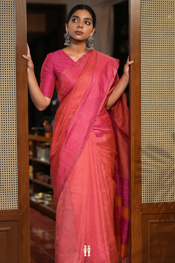 Koorainadu Silk Cotton Saree In Magenta And Orange With Chec