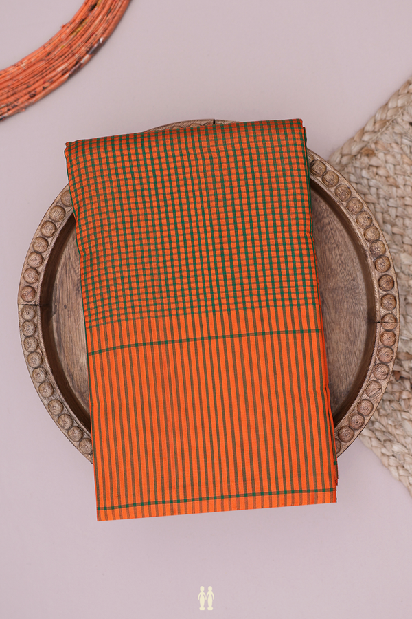 Koorainadu Silk Cotton Saree In Orange And Green With Checks