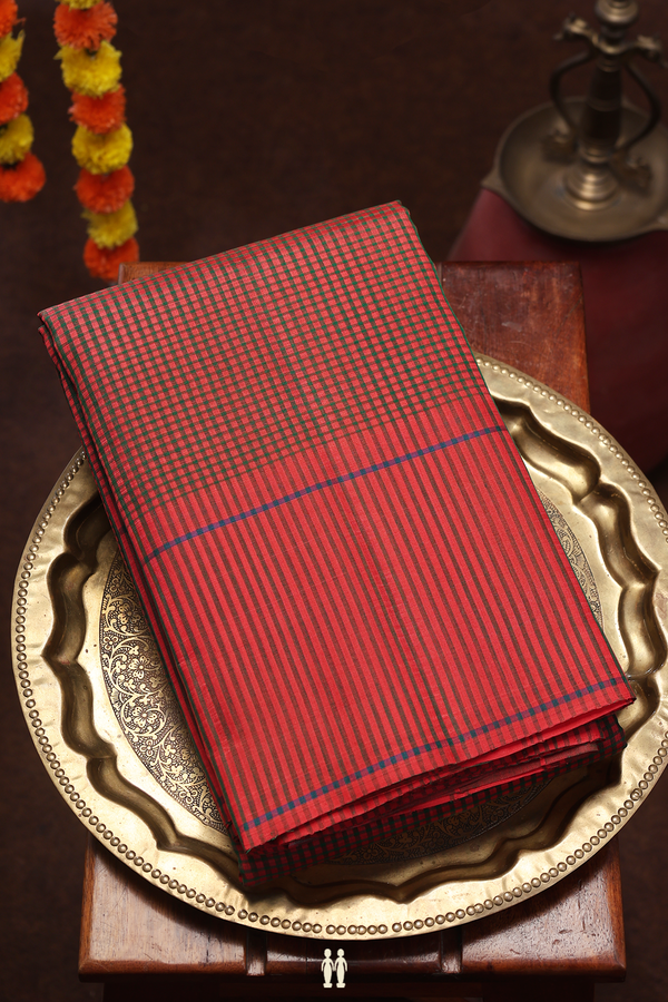 Koorainadu Silk Cotton Saree In Red And Green With Checks