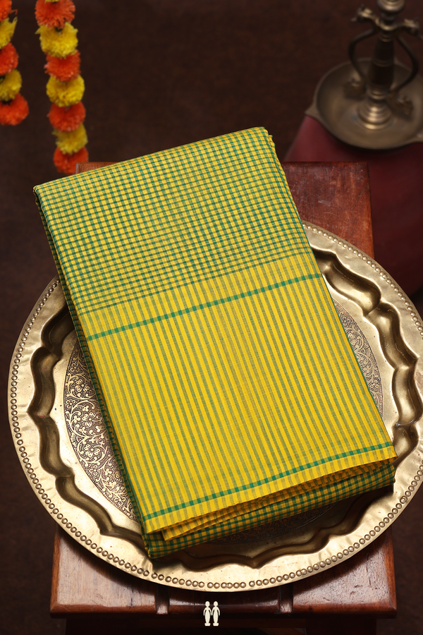 Koorainadu Silk Cotton Saree In Yellow And Green With Checks